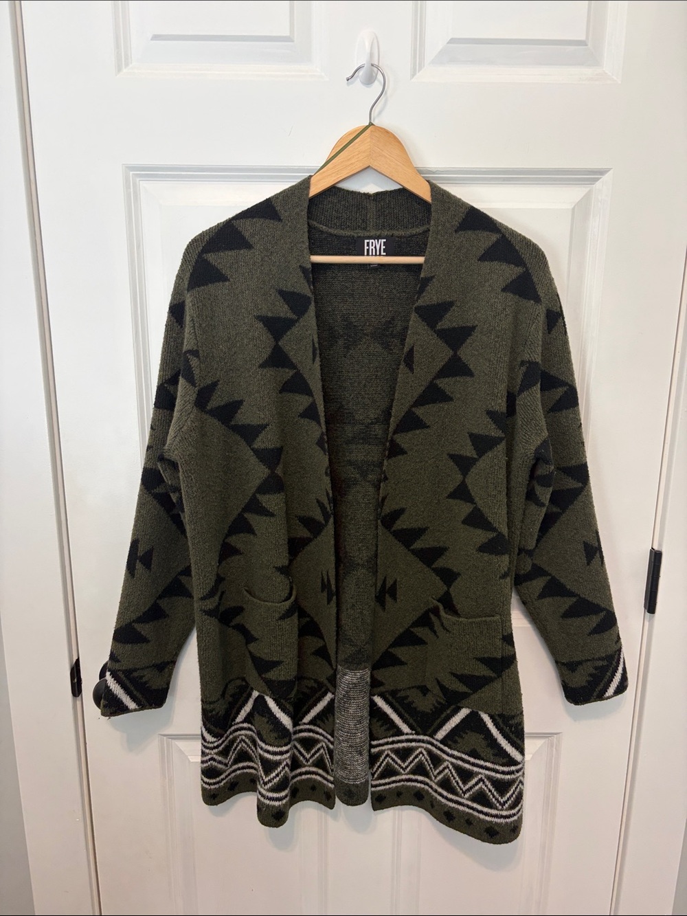 Frye Olive & Black Geometric Open-Front Cardigan